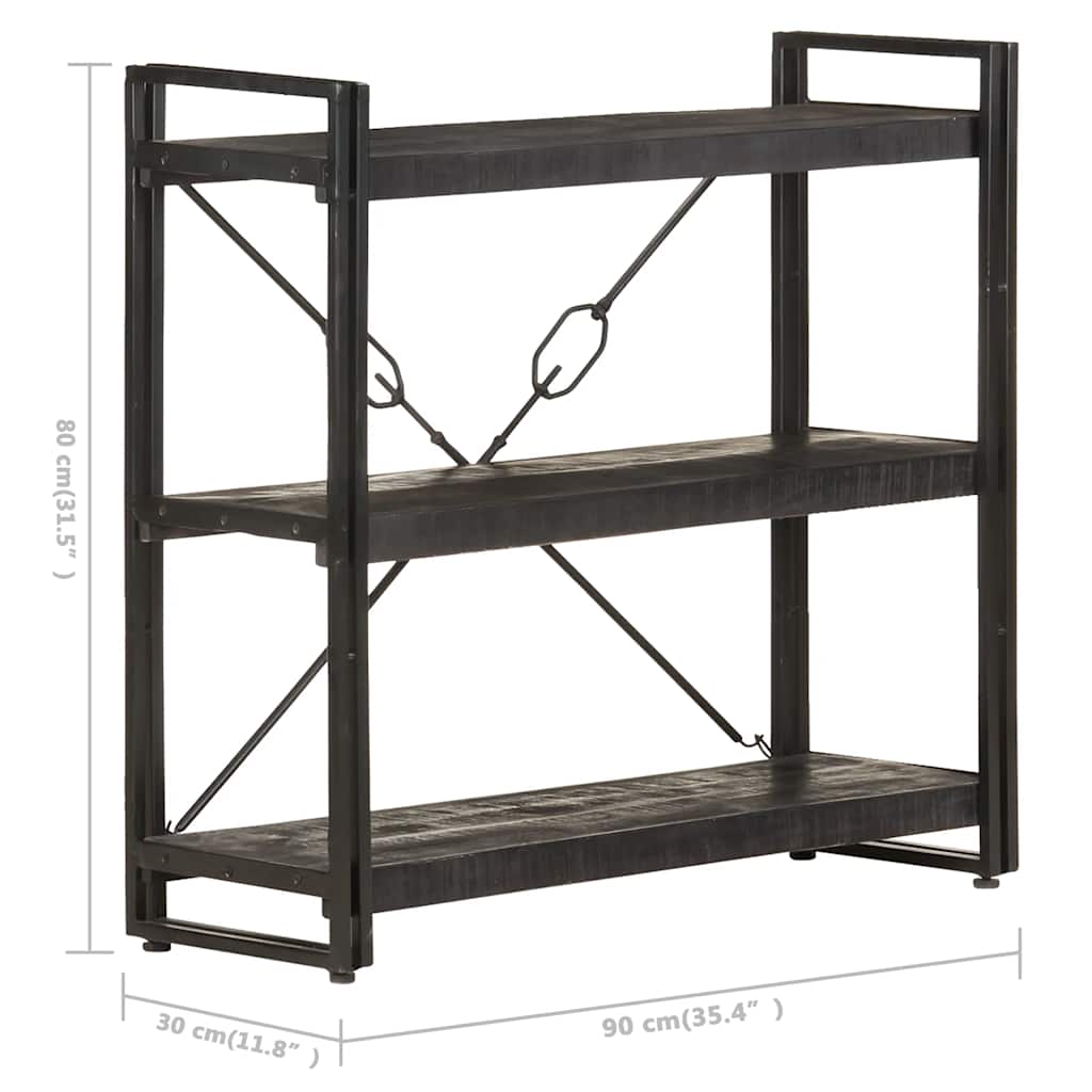 bogreol m. 3 hylder 90x30x80 cm massivt mangotræ sort
