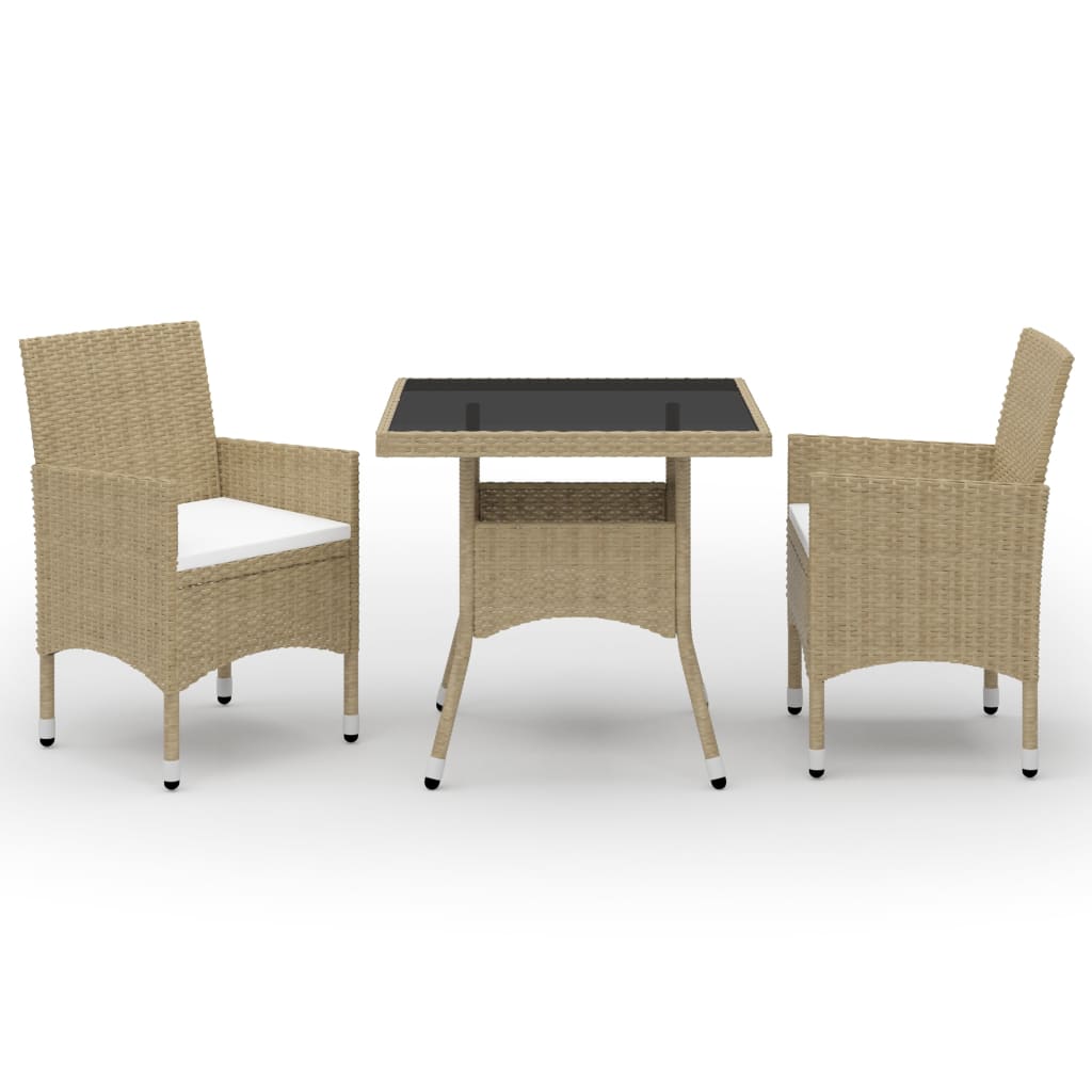 spisebordssæt til haven 3 dele polyrattan og glas beige