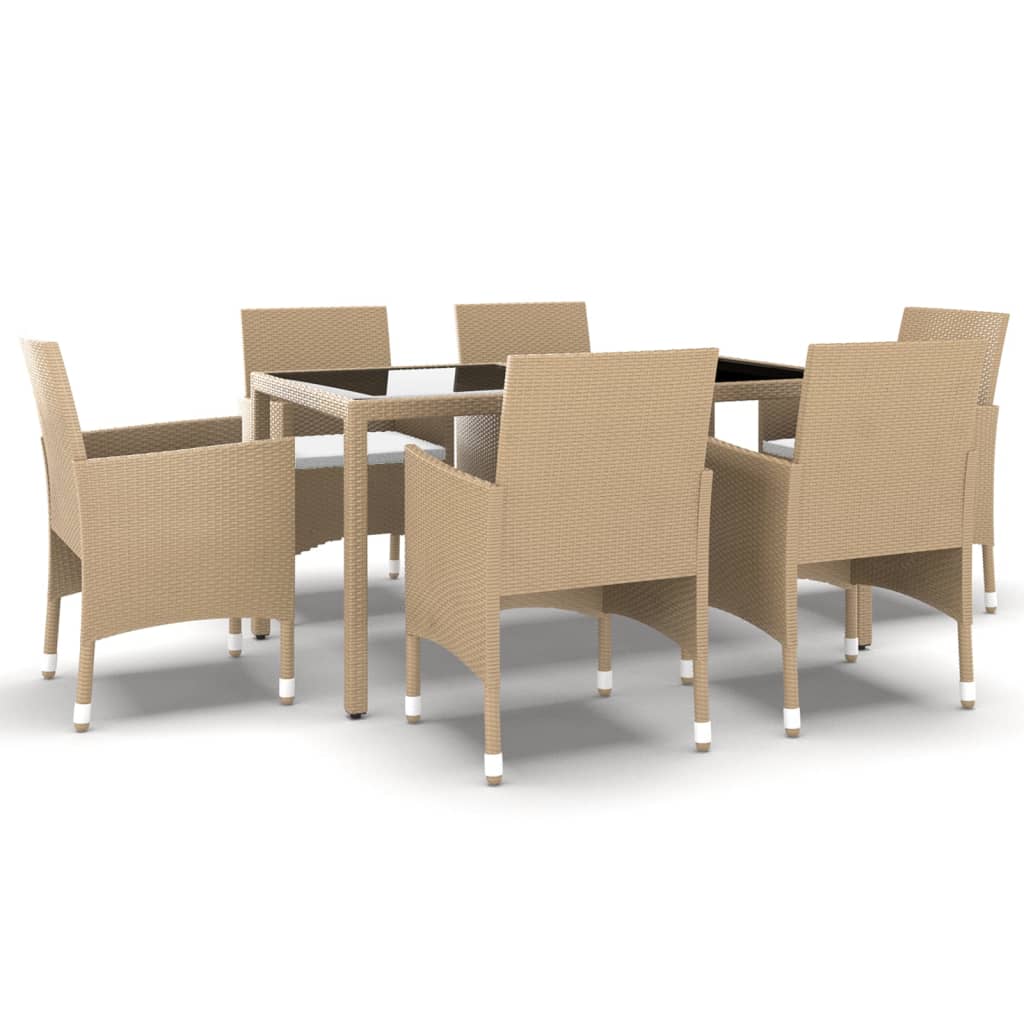 spisebordssæt til haven 7 dele polyrattan og hærdet glas beige