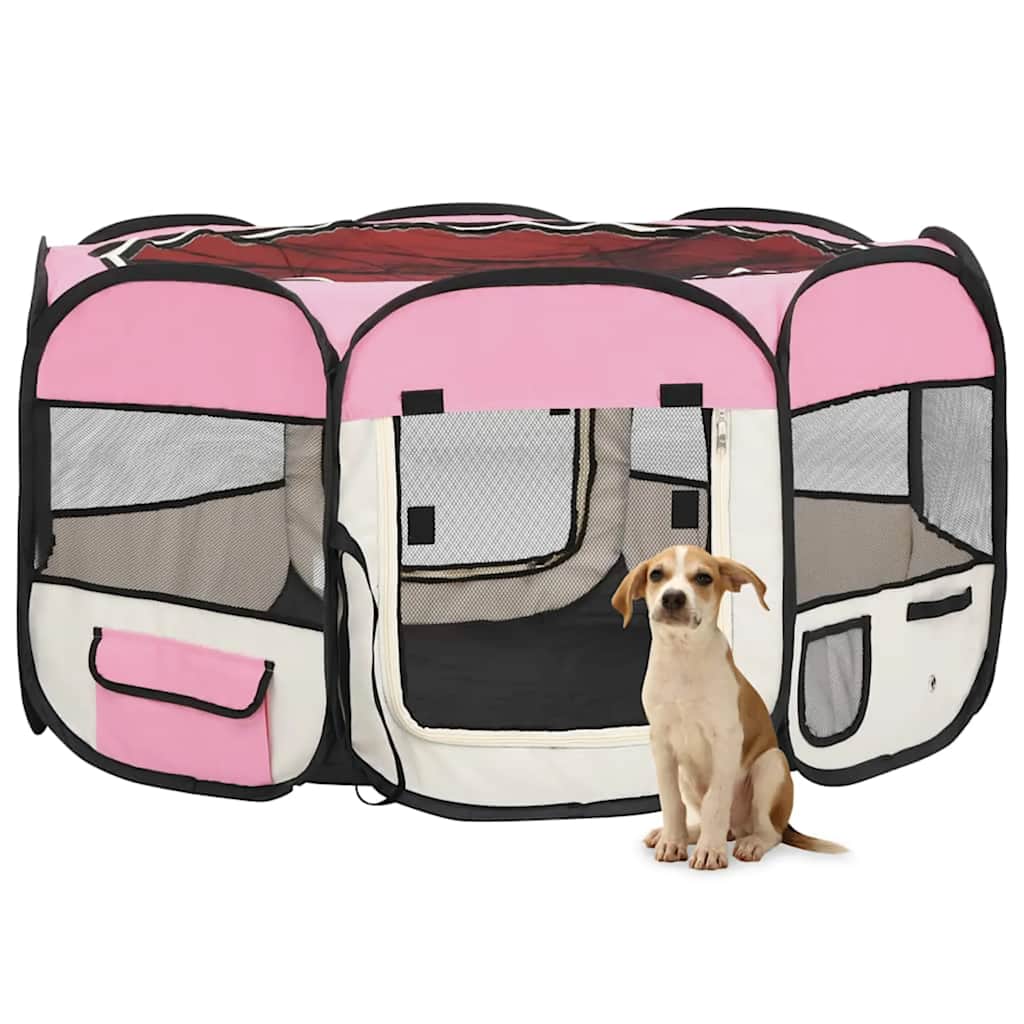 foldbar hundegård med bæretaske 125x125x61 cm lyserød