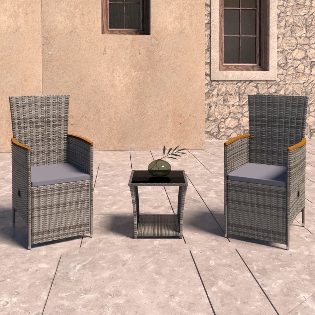 loungesæt til haven 3 dele med hynder polyrattan grå