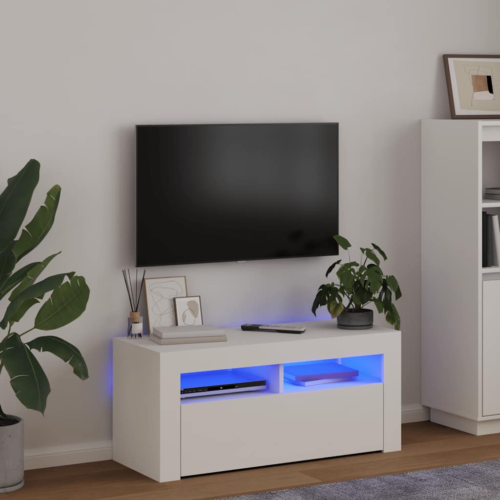 tv-skab med LED-lys 90x35x40 cm hvid