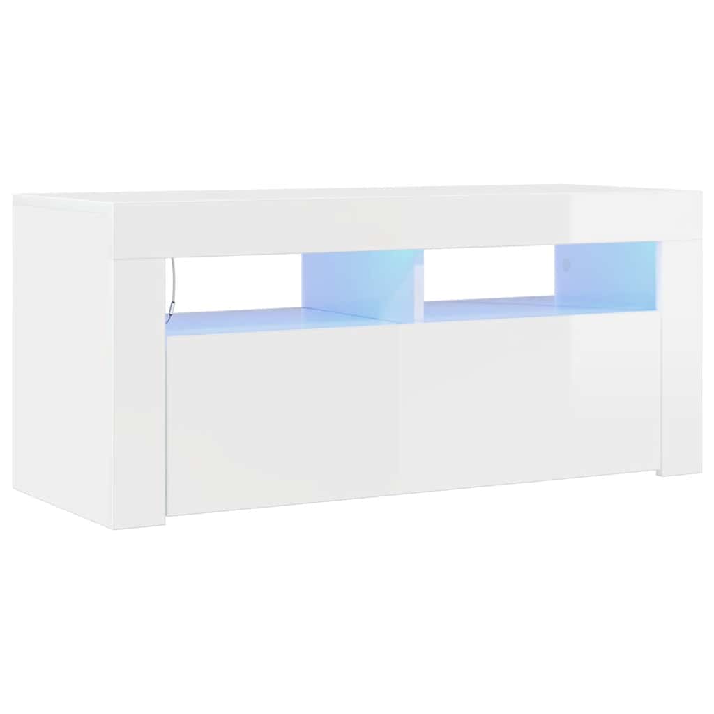tv-skab med LED-lys 90x35x40 cm hvid højglans