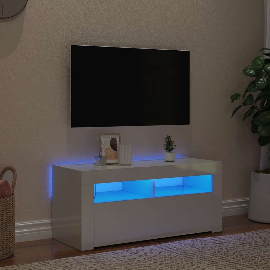 tv-skab med LED-lys 90x35x40 cm hvid højglans