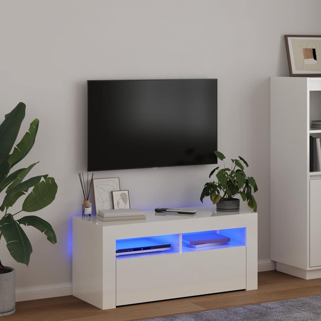 tv-skab med LED-lys 90x35x40 cm hvid højglans