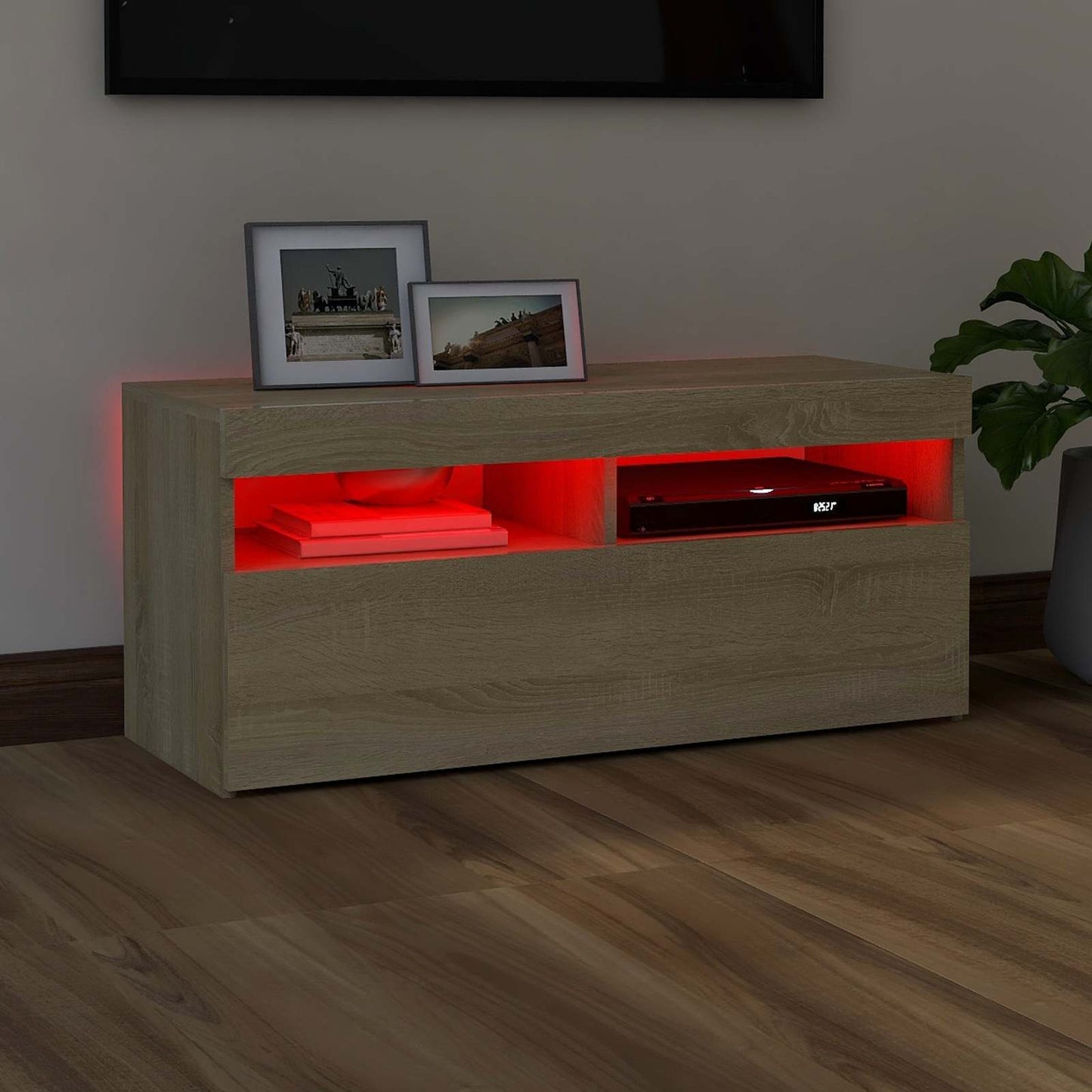 tv-bord med LED-lys 90x35x40 cm sonoma-eg