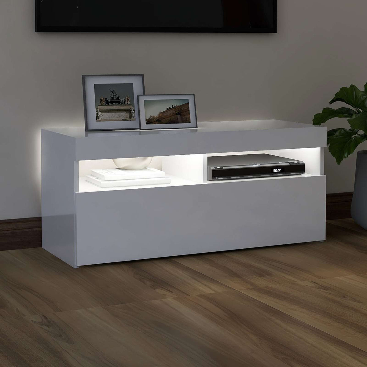 tv-skab med LED-lys 90x35x40 cm hvid højglans
