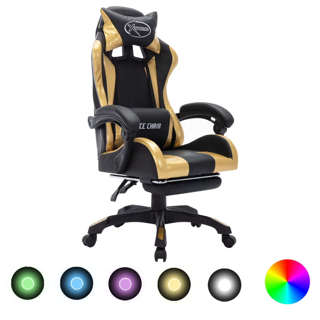 gamingstol m. LED-lys RGB-farver kunstlæder guld og sort