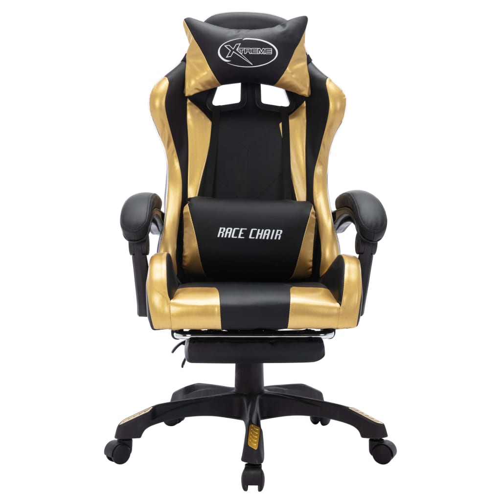 gamingstol m. LED-lys RGB-farver kunstlæder guld og sort