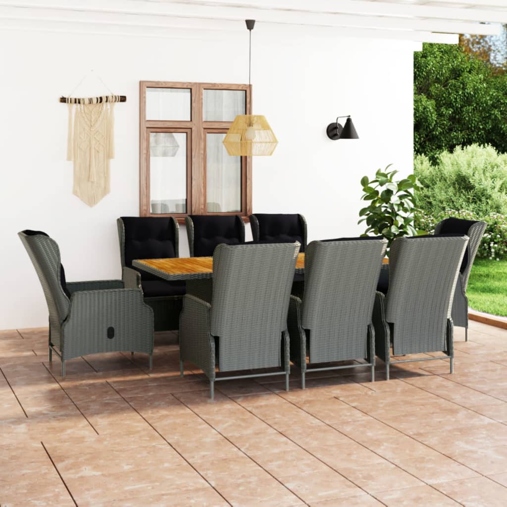 udendørs spisebordssæt 9 dele med hynder polyrattan lysegrå