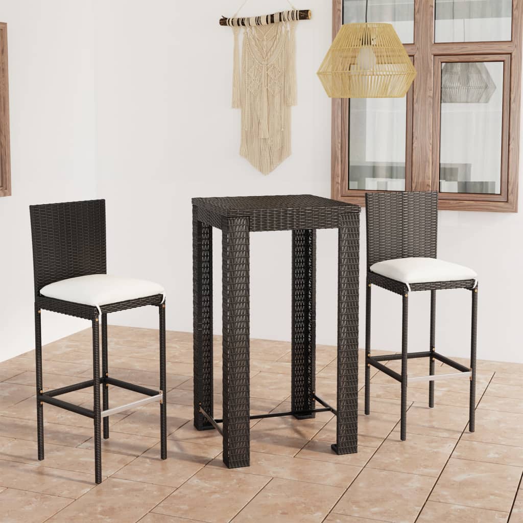 udendørs barsæt 3 dele med hynder polyrattan sort