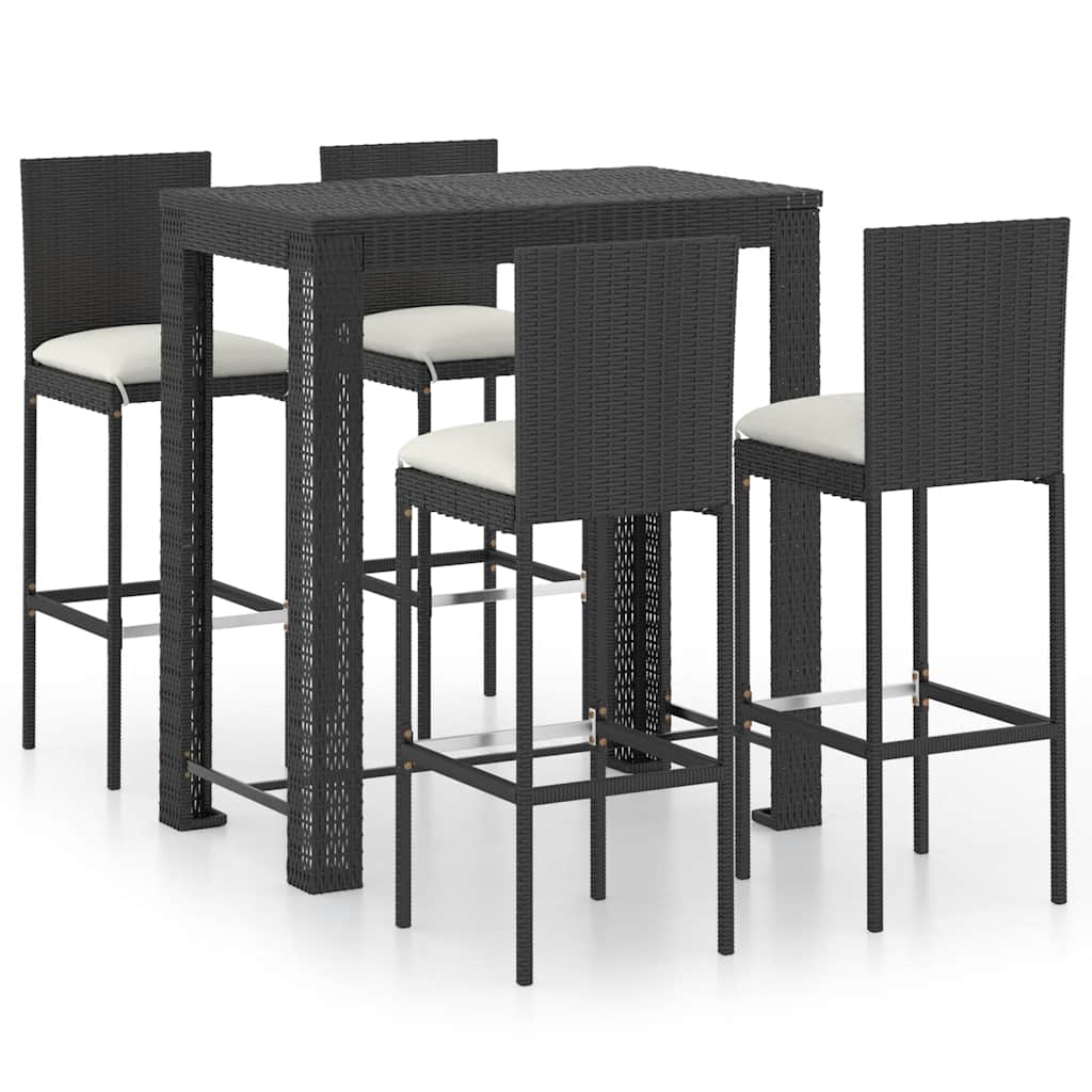 udendørs barsæt 5 dele med hynder polyrattan sort