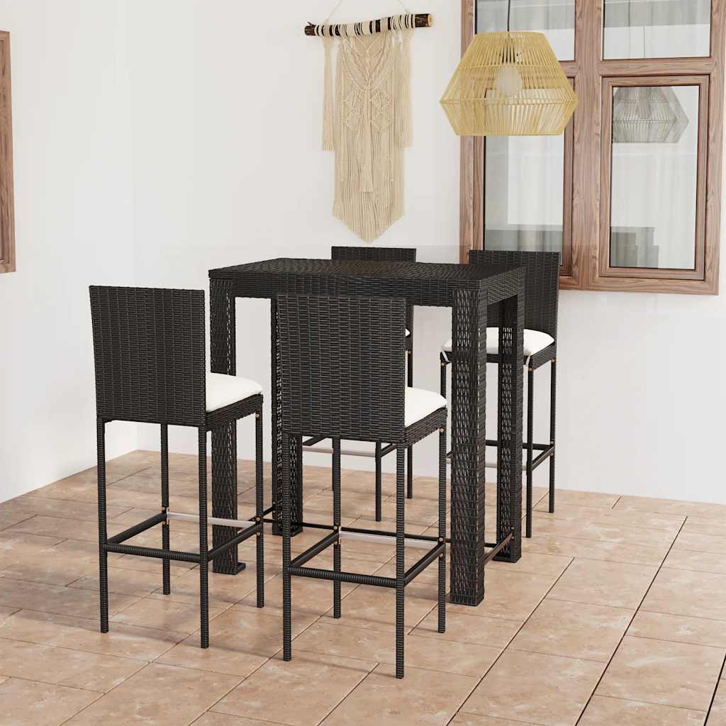 udendørs barsæt 5 dele med hynder polyrattan sort