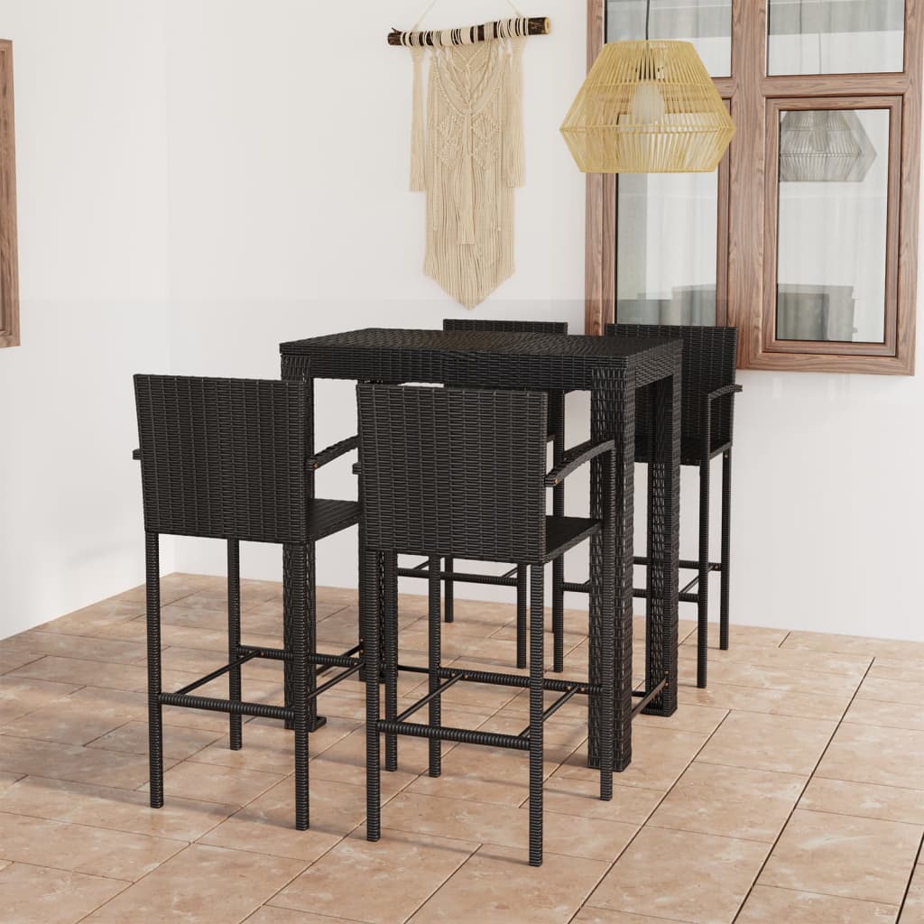 udendørs barsæt 5 dele med armlæn polyrattan sort