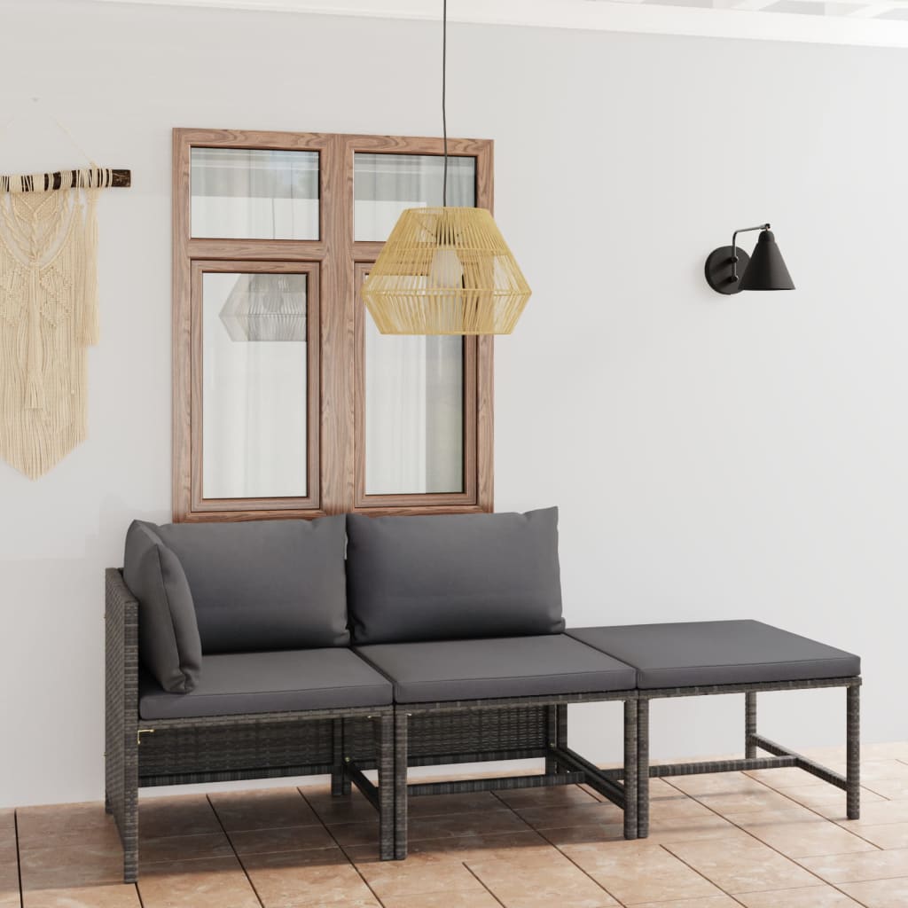 loungesæt til haven 3 dele med hynder polyrattan grå