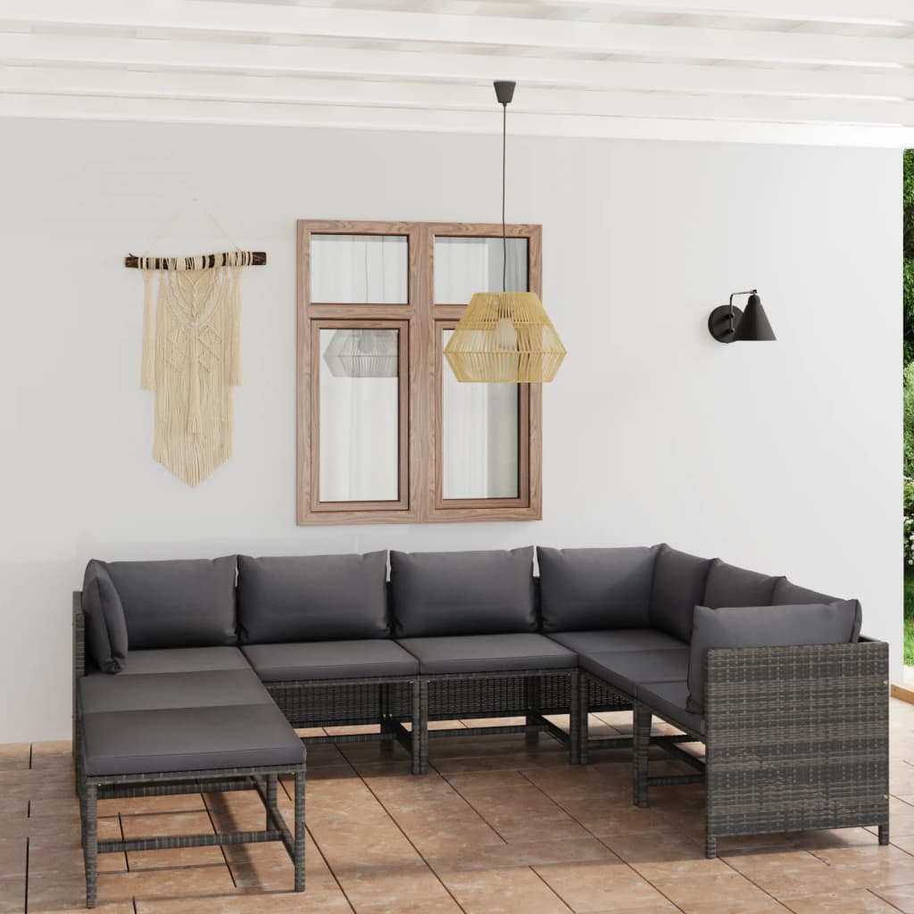 loungesæt til haven 8 dele med hynder polyrattan grå