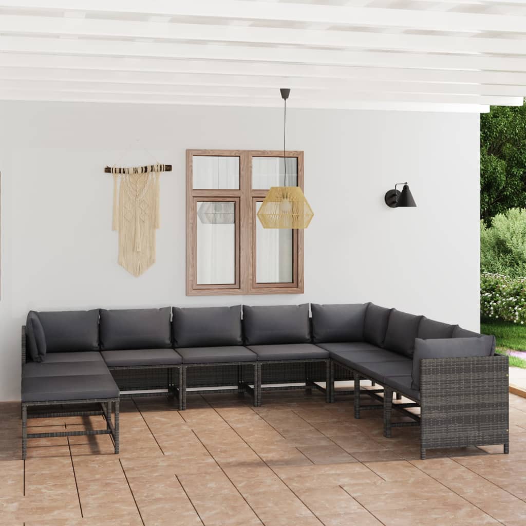 loungesæt til haven 11 dele med hynder polyrattan grå