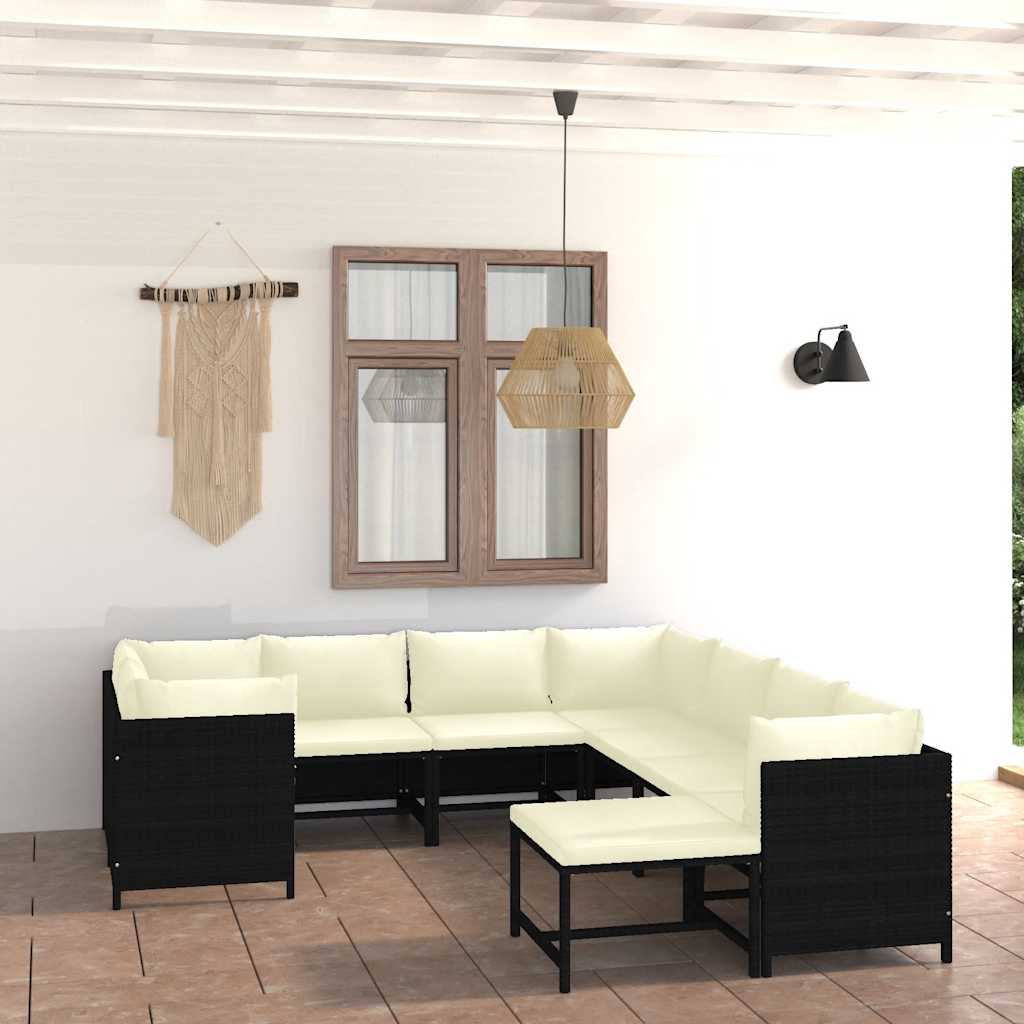 haveloungesæt 9 dele med hynder polyrattan sort