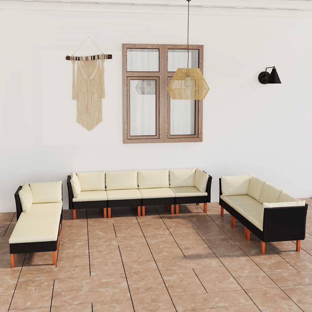 loungesæt til haven 10 dele med hynder polyrattan sort