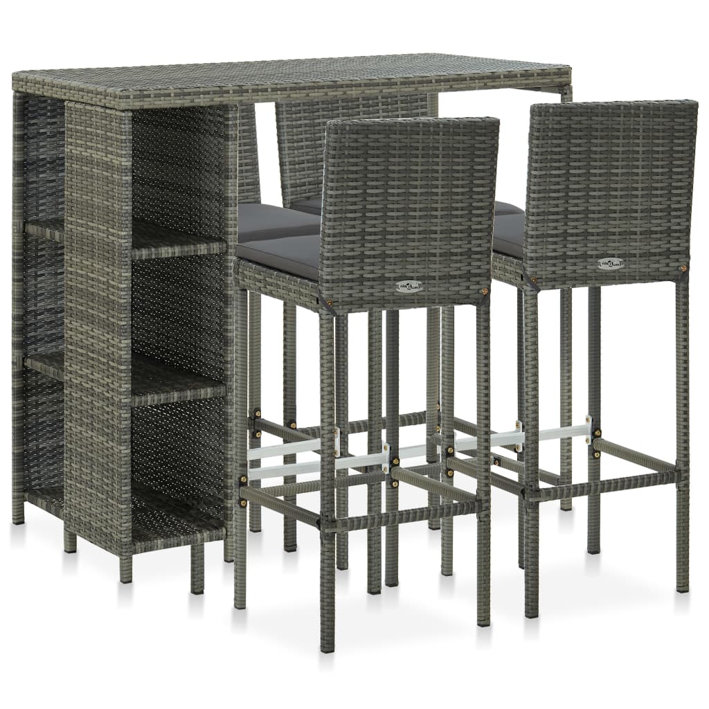 havebarsæt med hynder 5 dele polyrattan grå