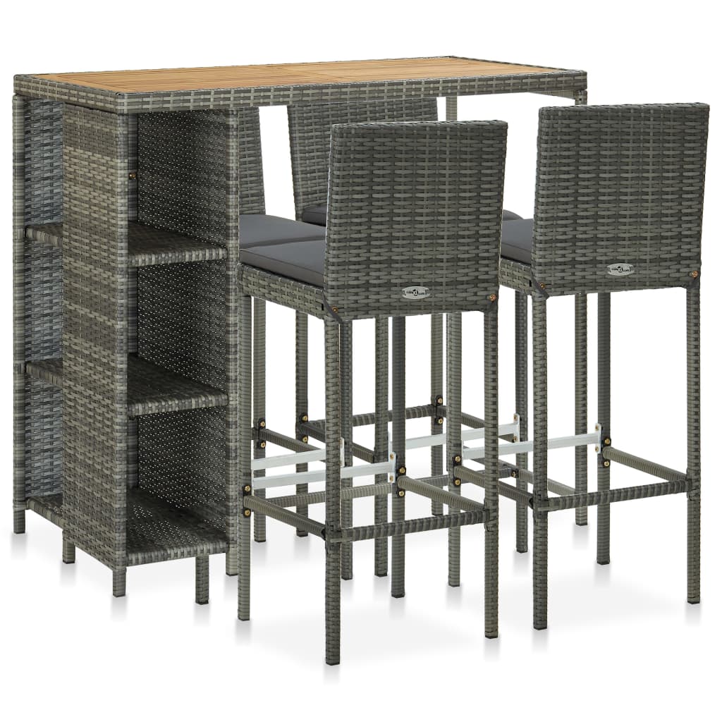 havebarsæt 5 dele med hynder polyrattan grå