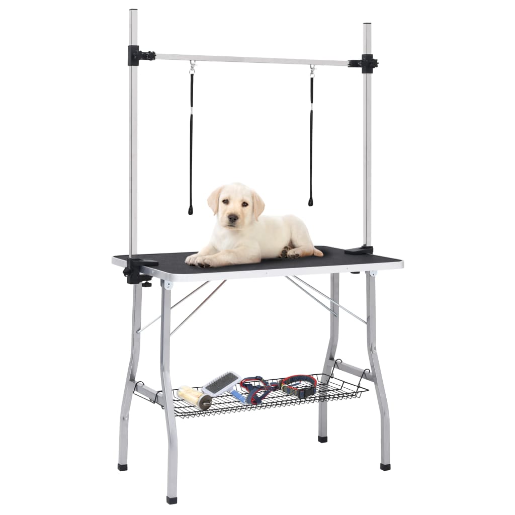 vaske-/trimmebord til hund justerbart m. 2 løkker og kurv