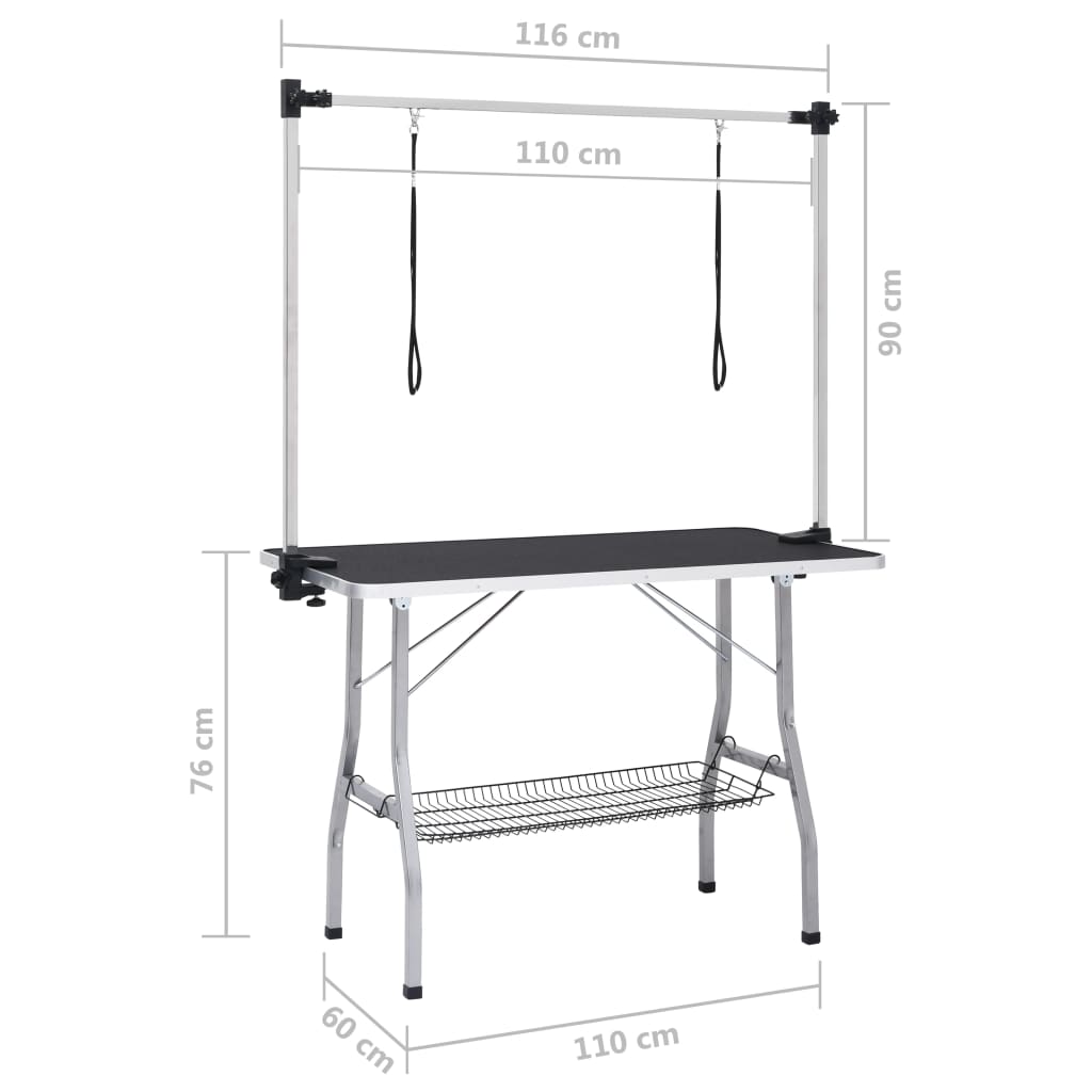 vaske-/trimmebord til hund justerbart m. 2 løkker og kurv