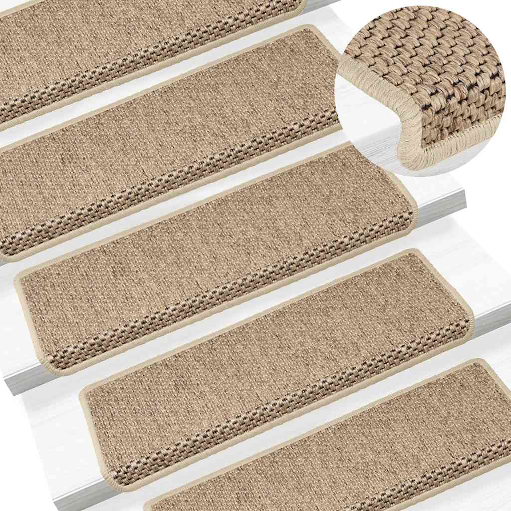 selvklæbende trappemåtter 15stk. 65x21x4cm sisal-look sandfarve