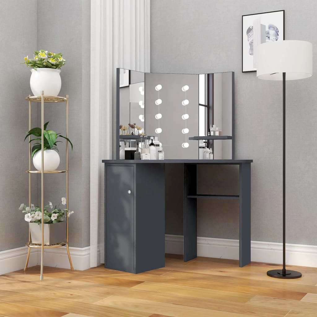 toiletbord til hjørne med LED-lys 111x54x141,5 cm grå