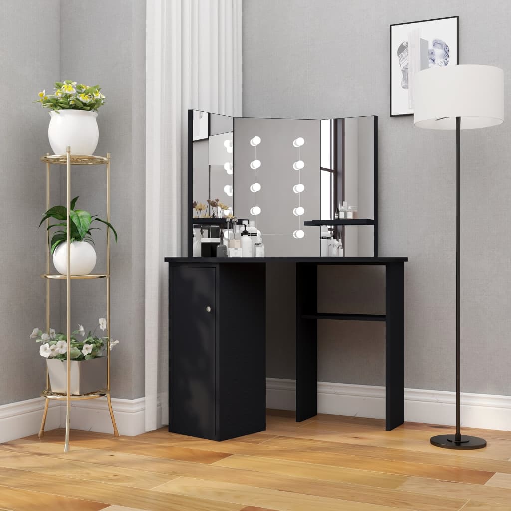 toiletbord til hjørne med LED-lys 111x54x141,5 cm sort