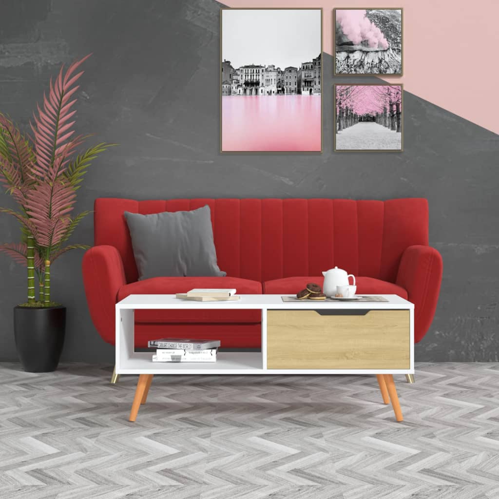 sofabord 100x49,5x43 cm konstrueret træ hvid og sonoma-eg