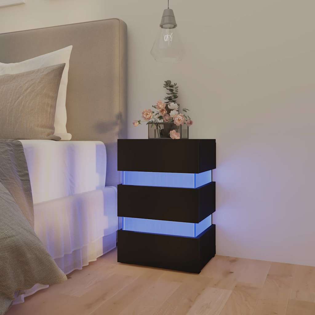sengebord med LED 45x35x67 cm konstrueret træ sort