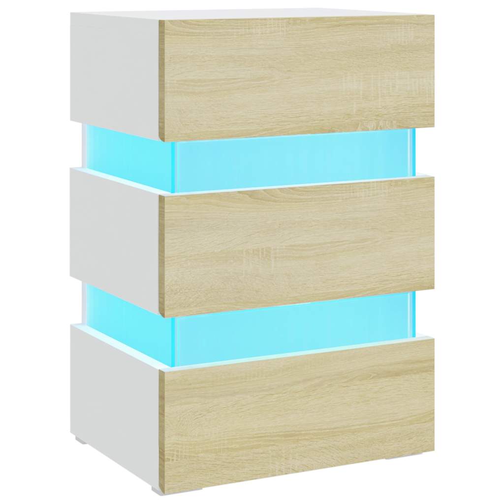 sengebord med LED 45x35x67 cm konstrueret træ hvid og sonoma-eg