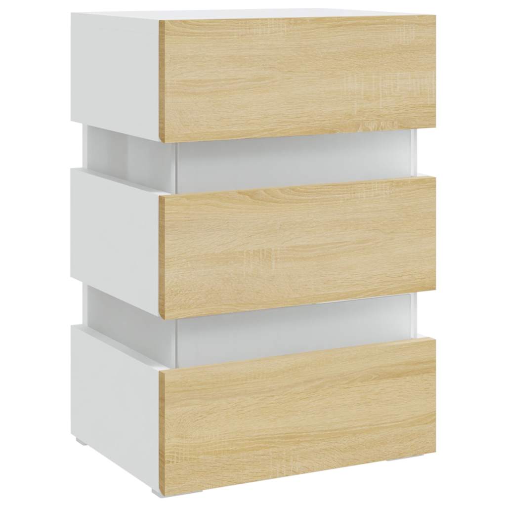 sengebord med LED 45x35x67 cm konstrueret træ hvid og sonoma-eg