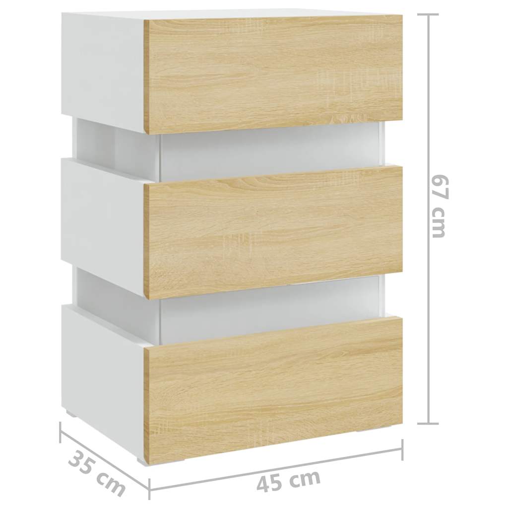 sengebord med LED 45x35x67 cm konstrueret træ hvid og sonoma-eg