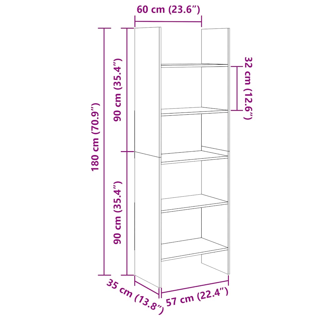 bogreol 60x35x180 cm konstrueret træ sort