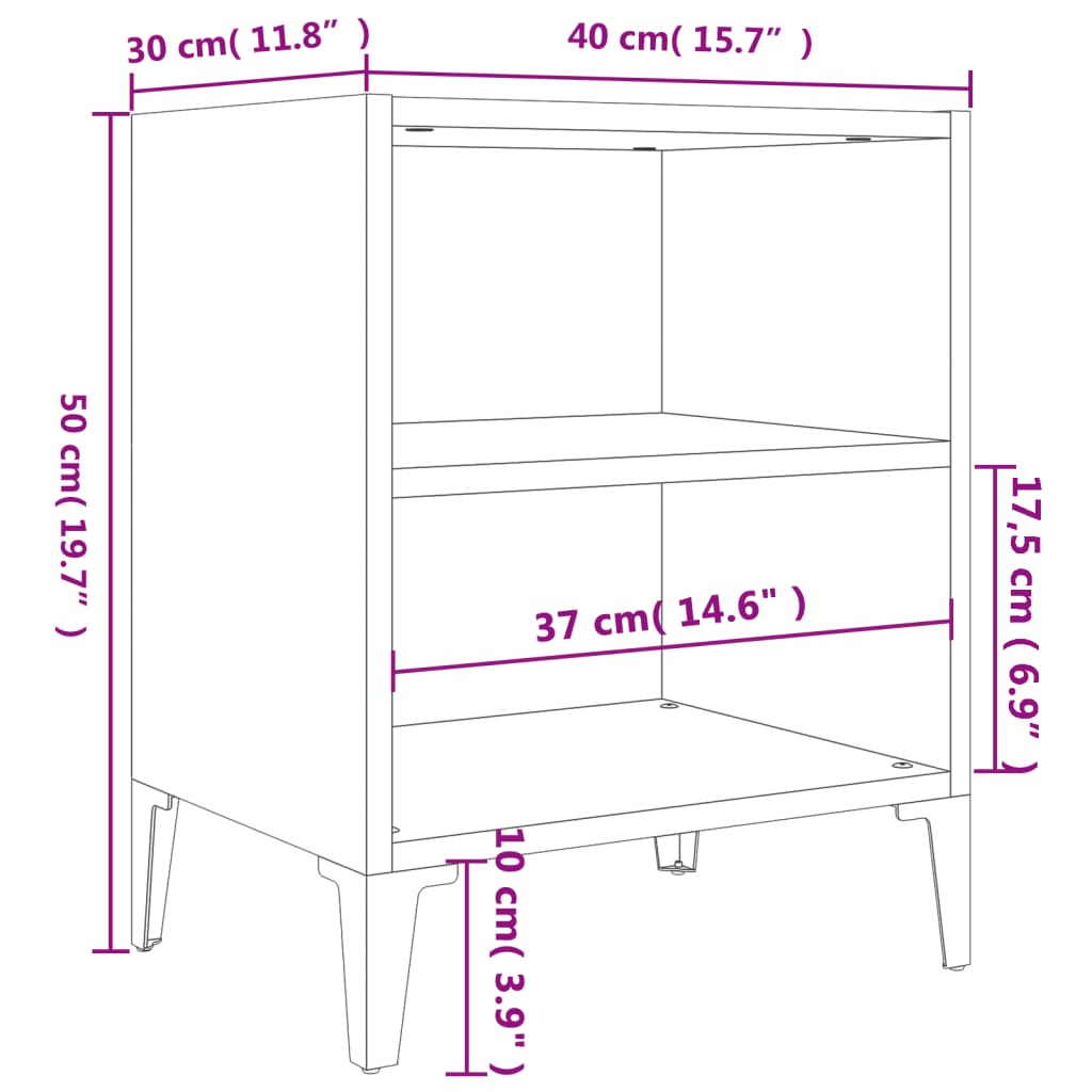 sengeborde 2 stk. med metalben 40x30x50 cm hvid