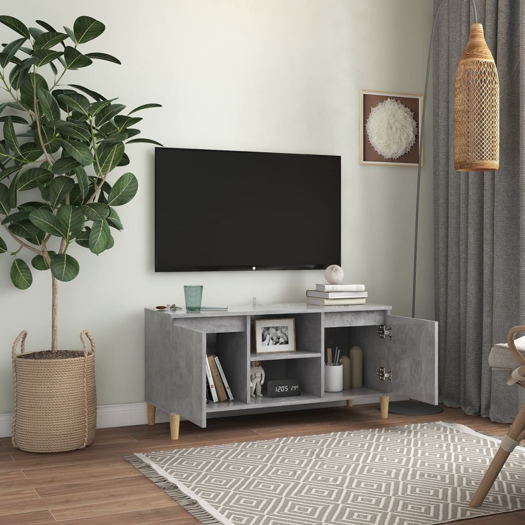tv-bord med massive træben 103,5x35x50 cm betongrå