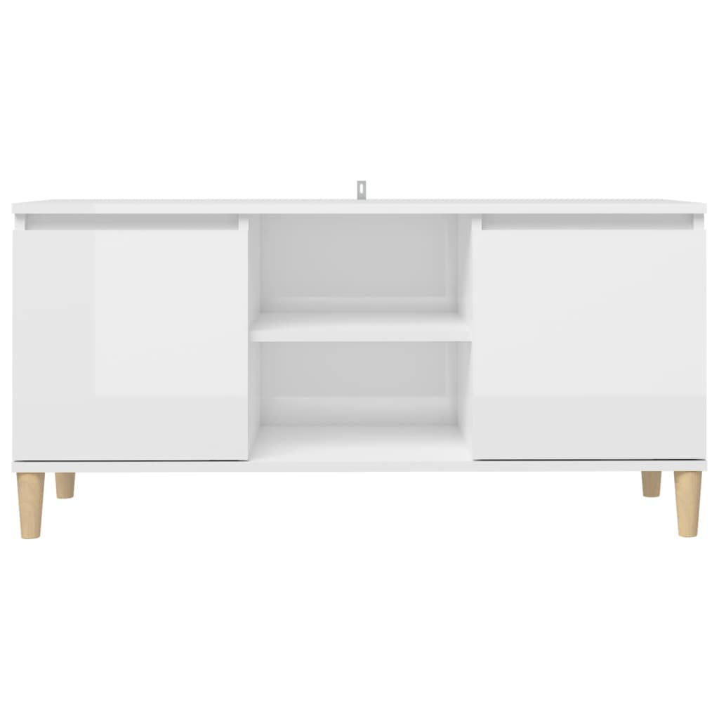 tv-bord med massive træben 103,5x35x50 cm hvid højglans