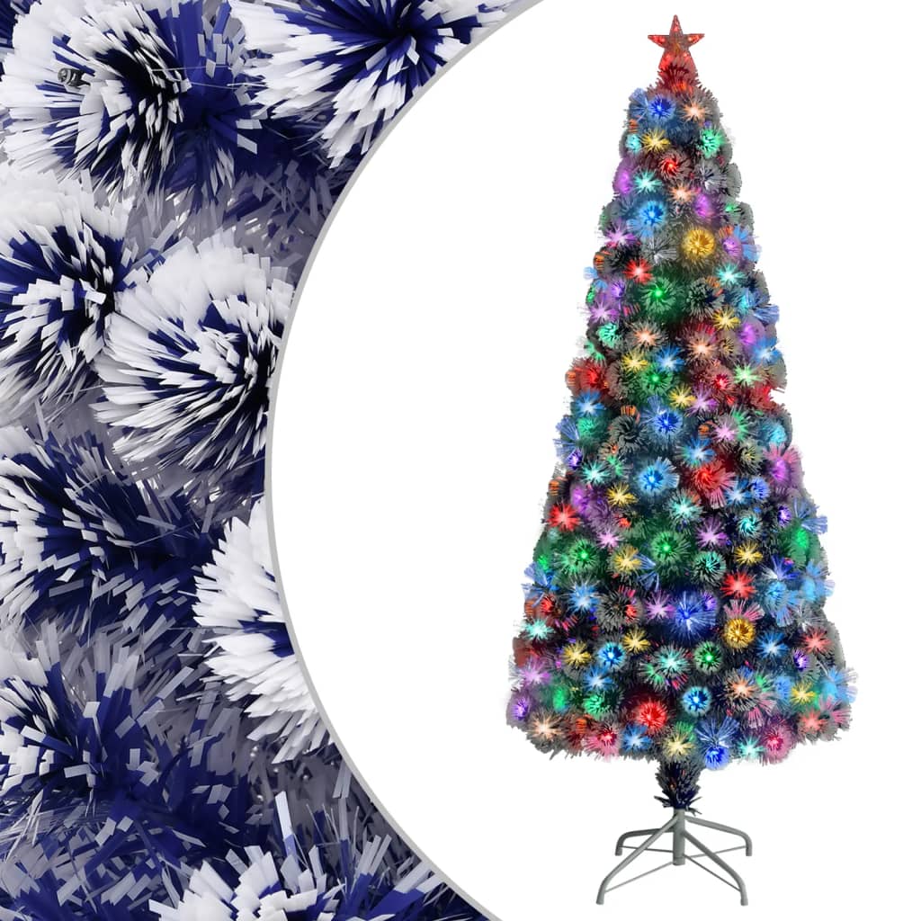 kunstigt juletræ med lys 180 cm fiberoptisk hvid og blå
