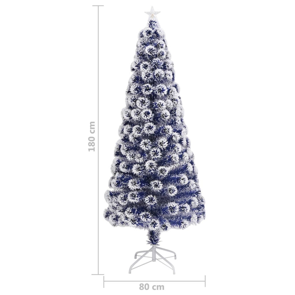 kunstigt juletræ med lys 180 cm fiberoptisk hvid og blå