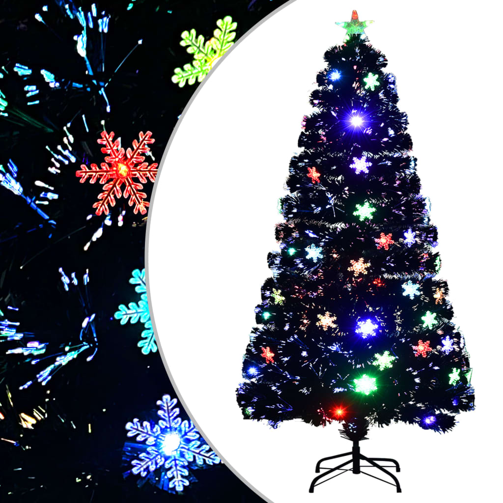 juletræ med LED-snefnug 120 cm fiberoptik sort