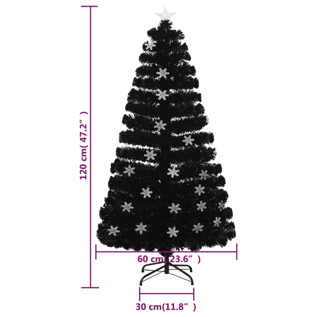 juletræ med LED-snefnug 120 cm fiberoptik sort