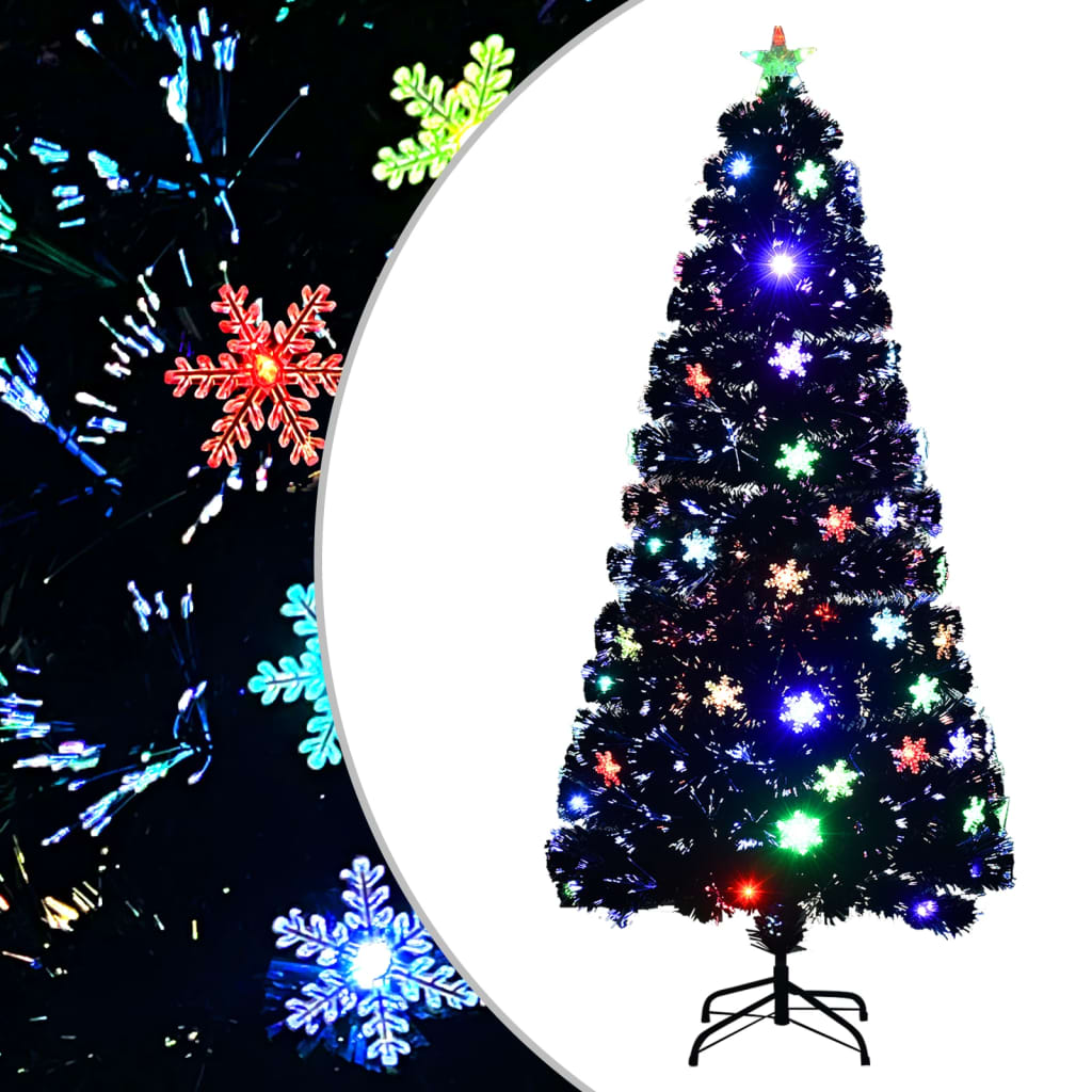 juletræ med LED-snefnug 150 cm fiberoptik sort