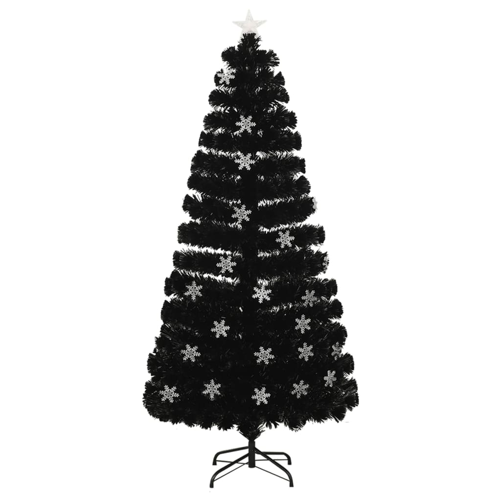 juletræ med LED-snefnug 150 cm fiberoptik sort