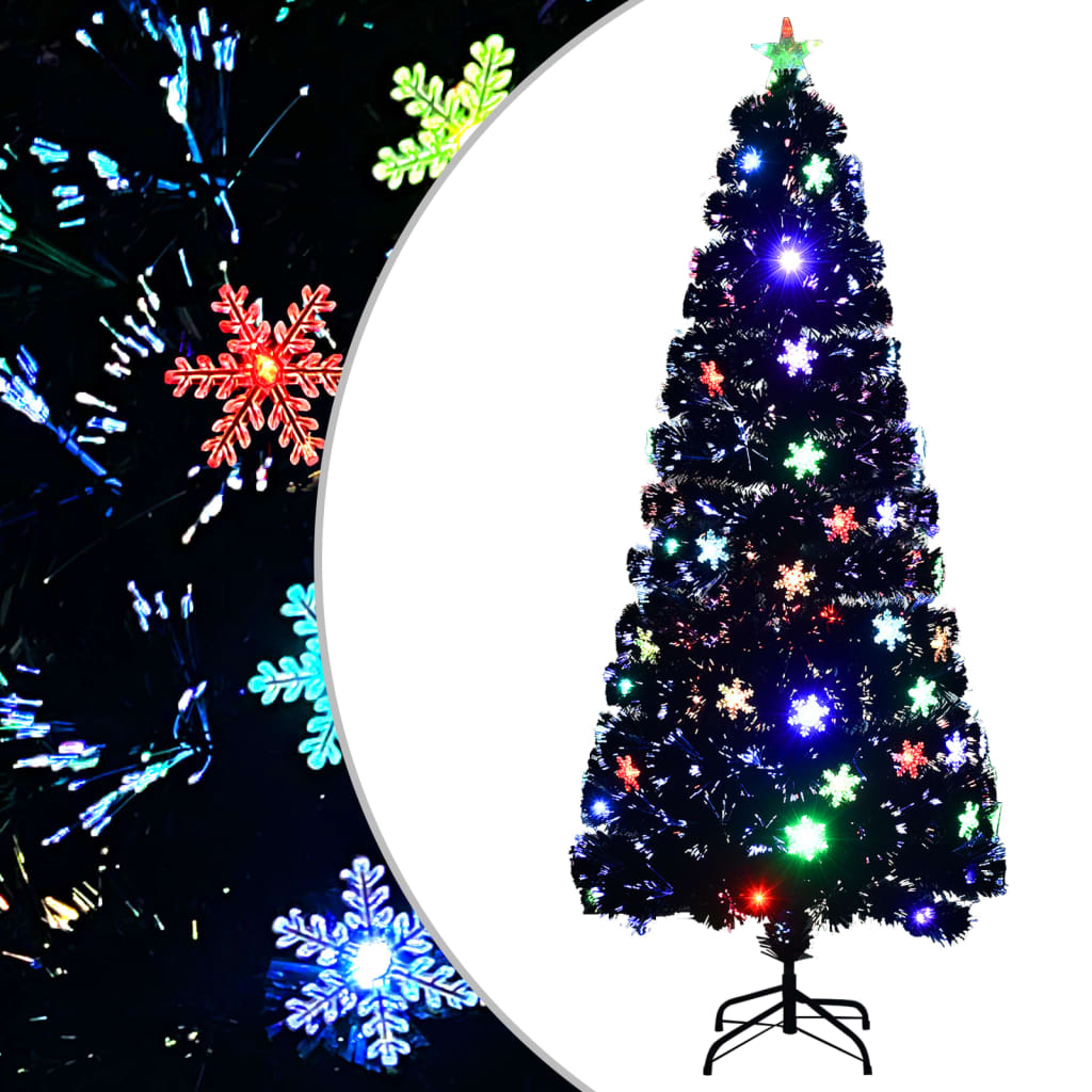 juletræ med LED-snefnug 180 cm fiberoptik sort