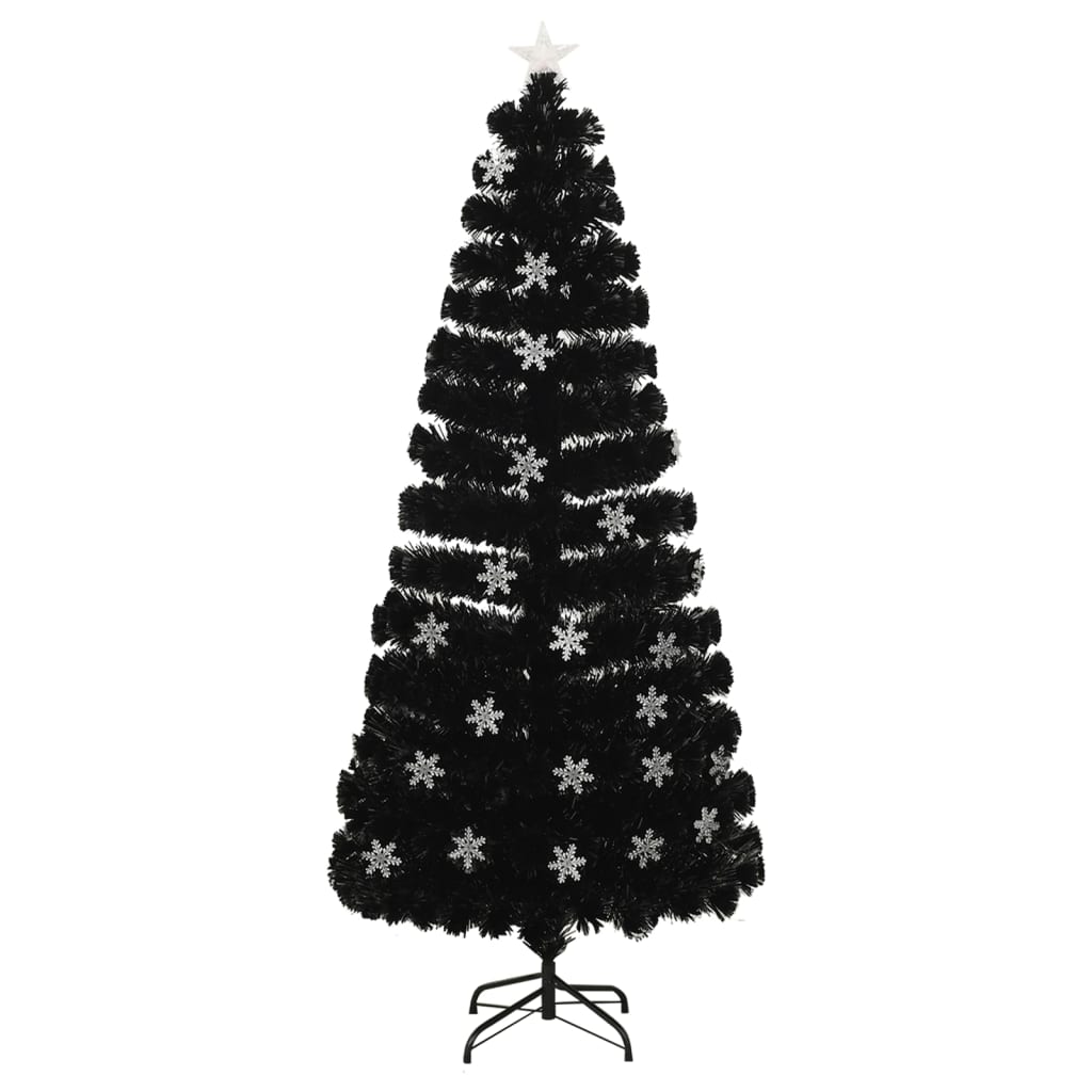 juletræ med LED-snefnug 180 cm fiberoptik sort