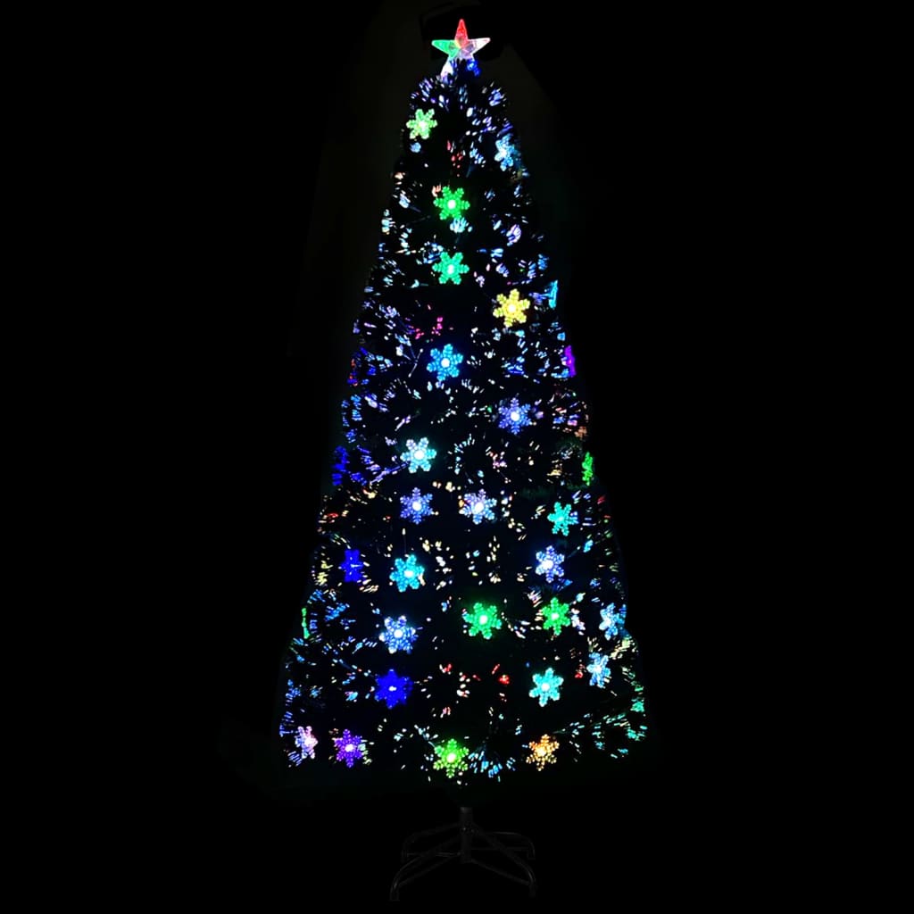 juletræ med LED-snefnug 180 cm fiberoptik sort