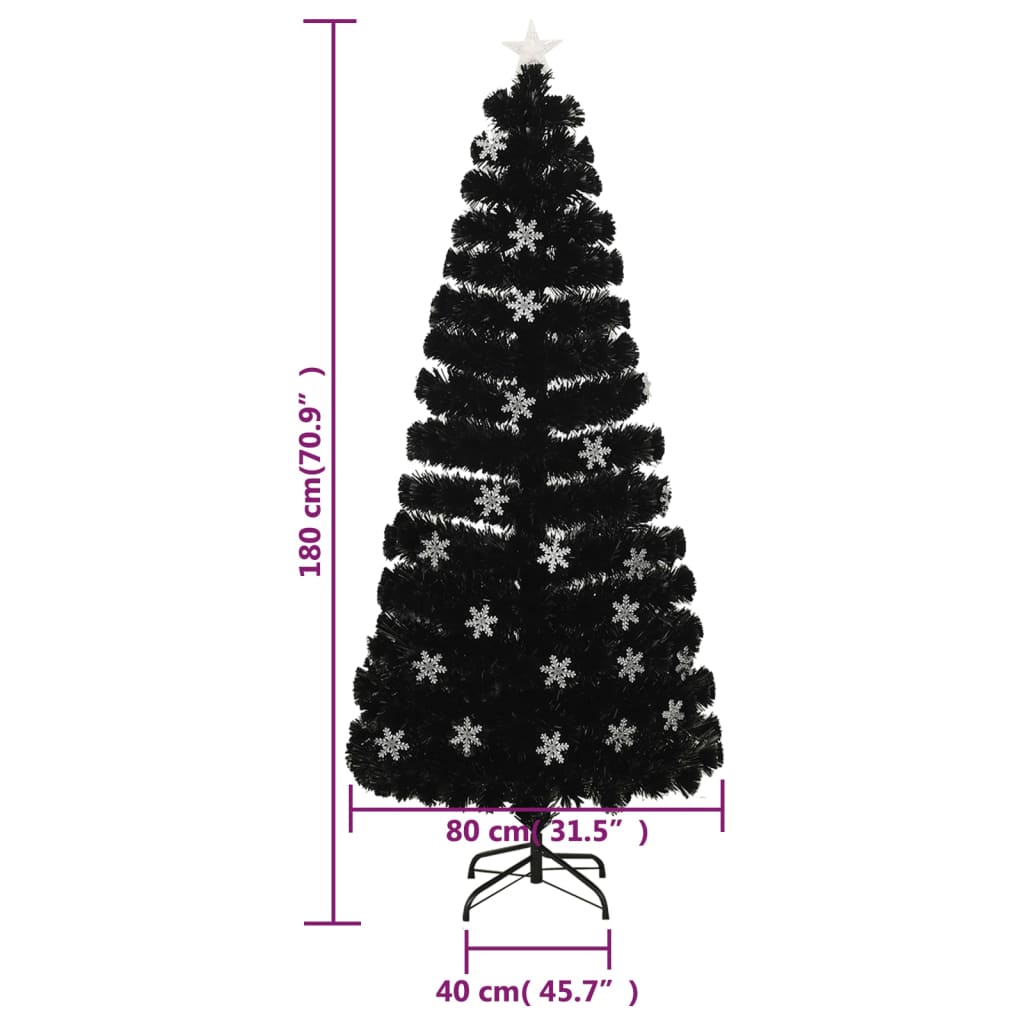 juletræ med LED-snefnug 180 cm fiberoptik sort