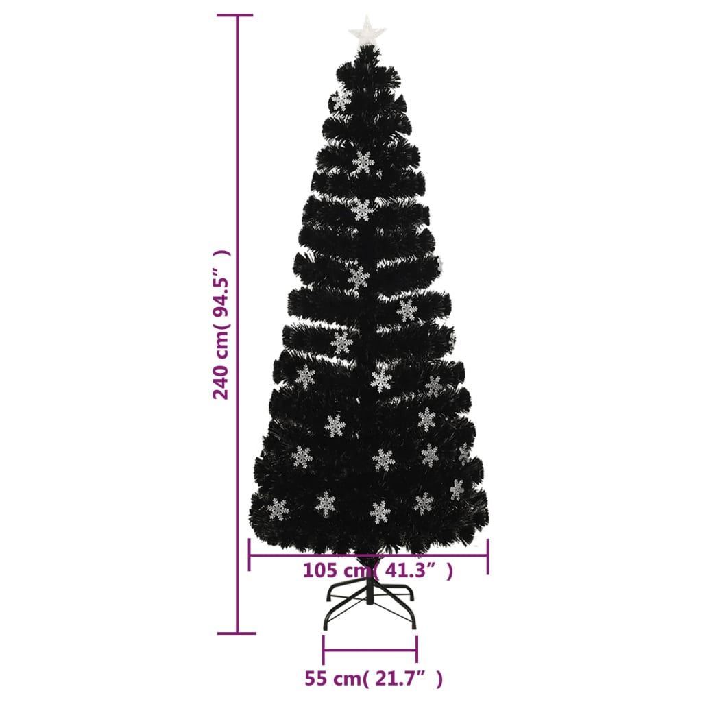 juletræ med LED-snefnug 240 cm fiberoptik sort
